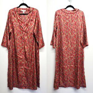 Oscar de la Renta Pink Label Velvet Trim Satin Kaftan Housedress Nightgown M